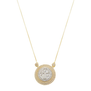 Colar Medalha São Bento Zircônias Folheado a Ouro 18k