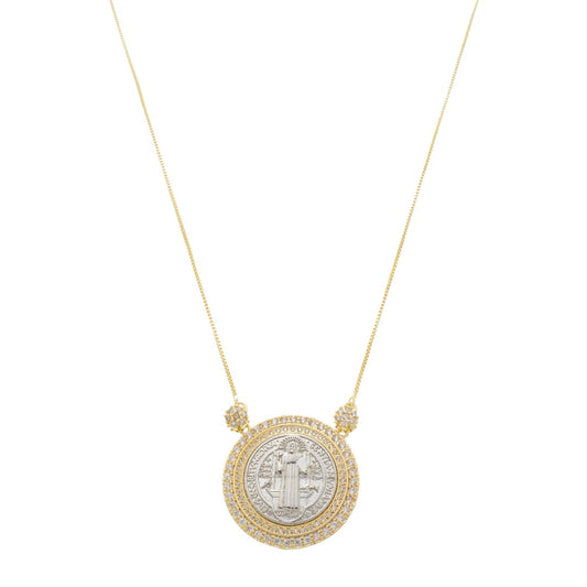 Colar Medalha São Bento Zircônias Folheado a Ouro 18k