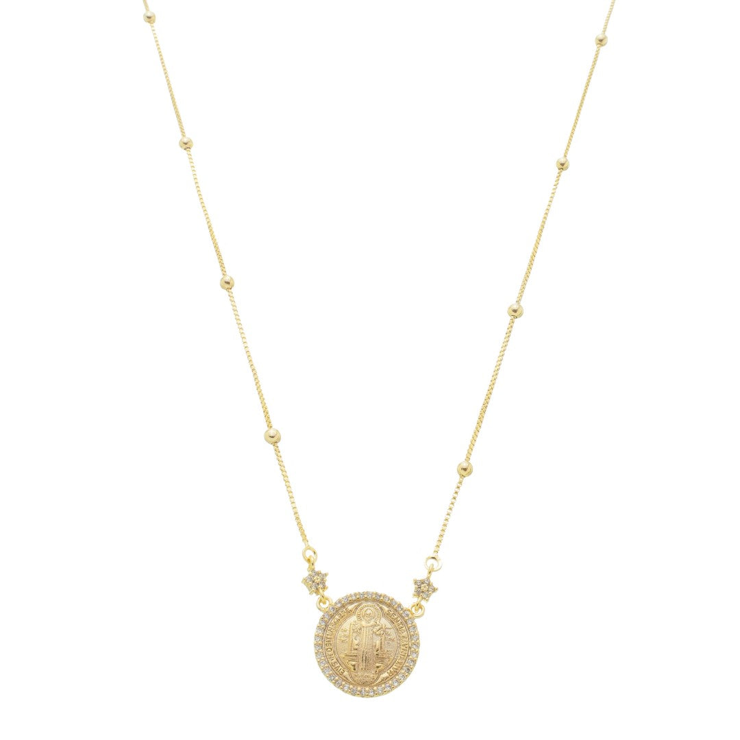 Colar Medalha São Bento Zircônias Folheado a Ouro 18k Piuka
