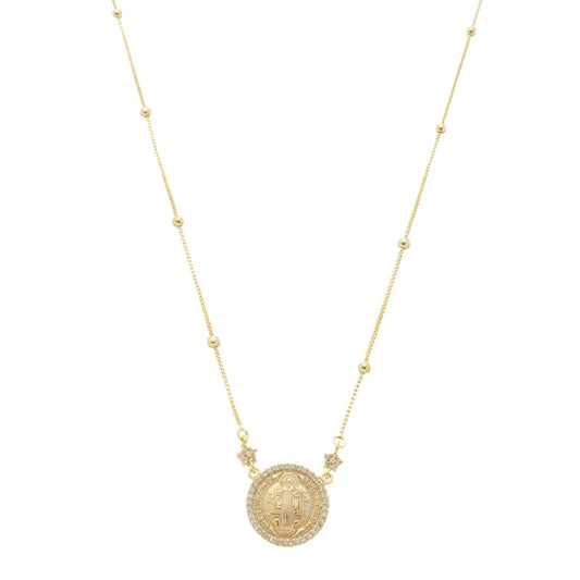 Colar Medalha São Bento Zircônias Folheado a Ouro 18k Piuka