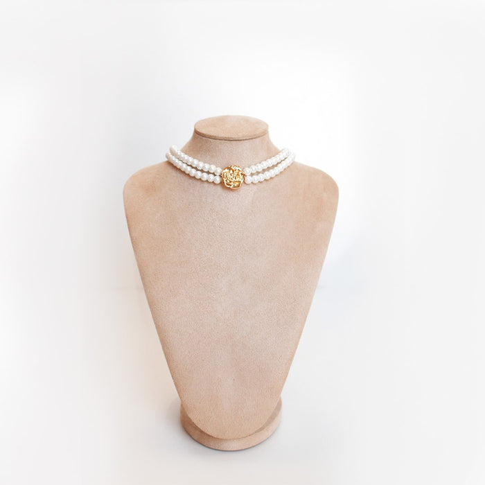 Choker Dupla Marina Pérolas Flor Folheada a Ouro 18k