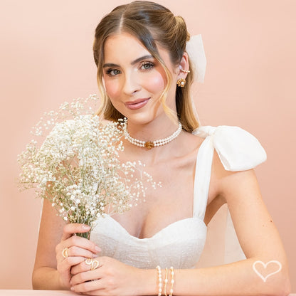 Choker Dupla Marina Pérolas Flor Folheada a Ouro 18k