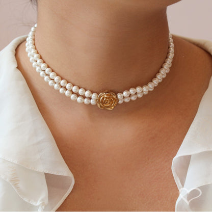 Choker Dupla Marina Pérolas Flor Folheada a Ouro 18k