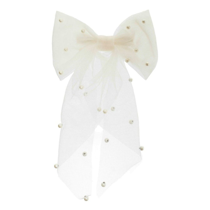 Laço de Cabelo Fernanda Tule Branco com Pérolas