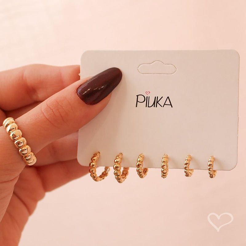 Trio de Brincos Argolinha Mary Folheado a Ouro 18k