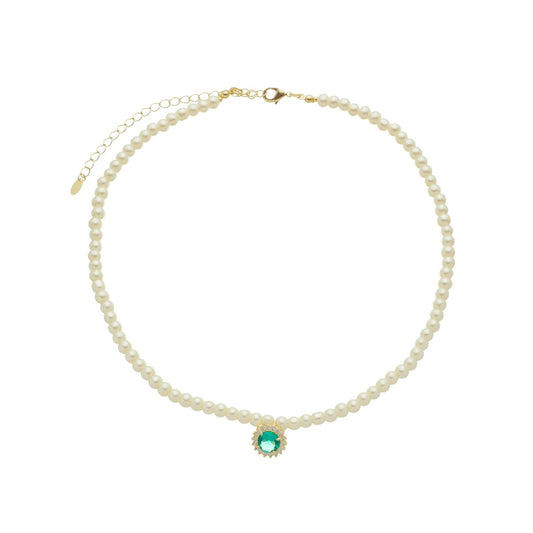 Colar de Pérolas Diana Ponto de Luz Zircônia Turmalina Folheado a Ouro 18k