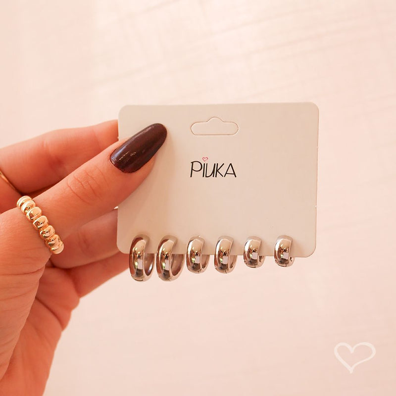 Trio de Brincos Ana Livia Folheado em Ródio Branco