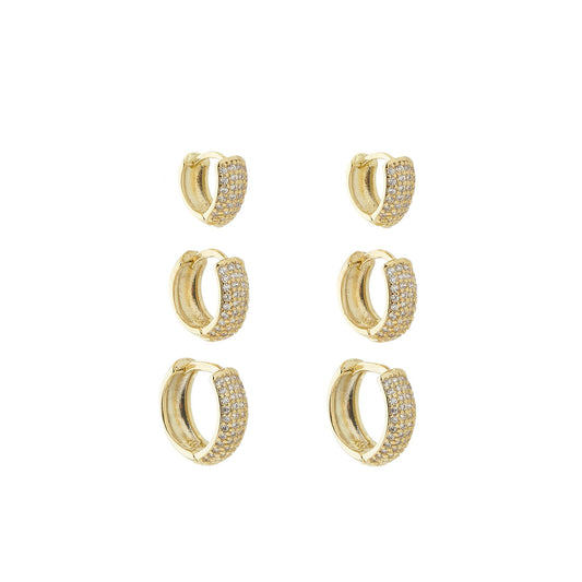 Trio de Brincos Ana Laura Zircônias Foheado a Ouro 18k
