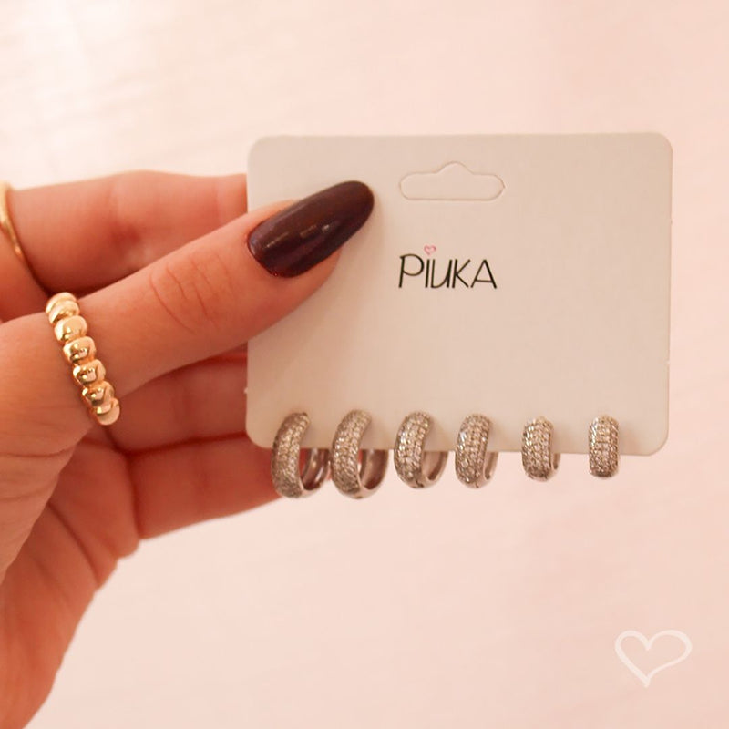 Trio de Brincos Ana Laura Zircônias Foheado em Ródio Branco