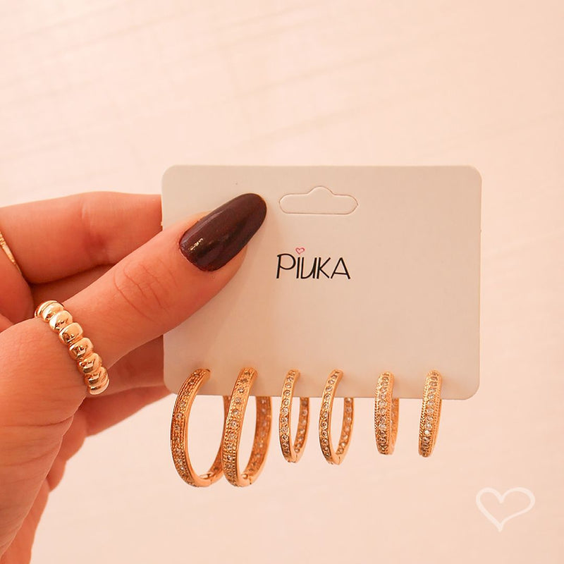 Trio de Brincos Clarice Zircônias Folheado a Ouro 18k