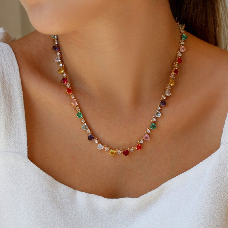 Colar Riviera Helena Coração Zircônias Coloridas Folheado a Ouro 18k