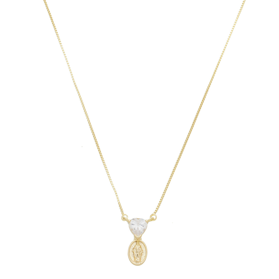 Colar Mini Medalha Nossa Senhora das Graças Coração Zircônia Folheado a Ouro 18k