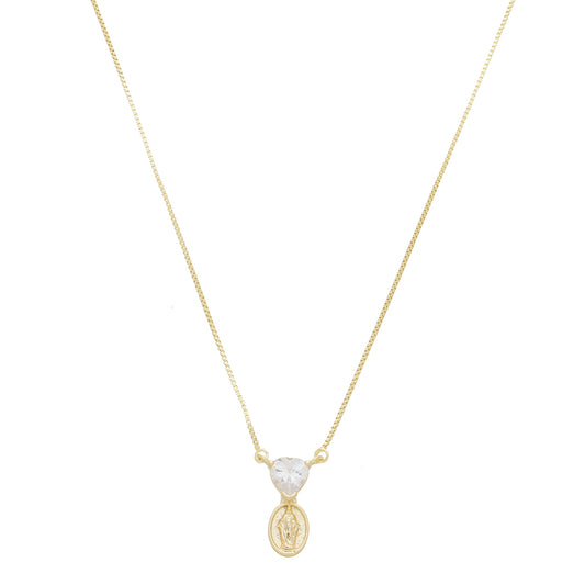 Colar Mini Medalha Nossa Senhora das Graças Coração Zircônia Folheado a Ouro 18k