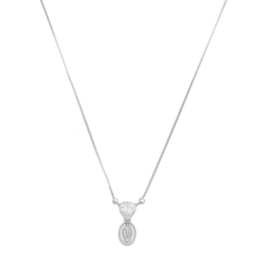 Colar Mini Medalha Nossa Senhora das Graças Coração Zircônia Folheado em Ródio Branco