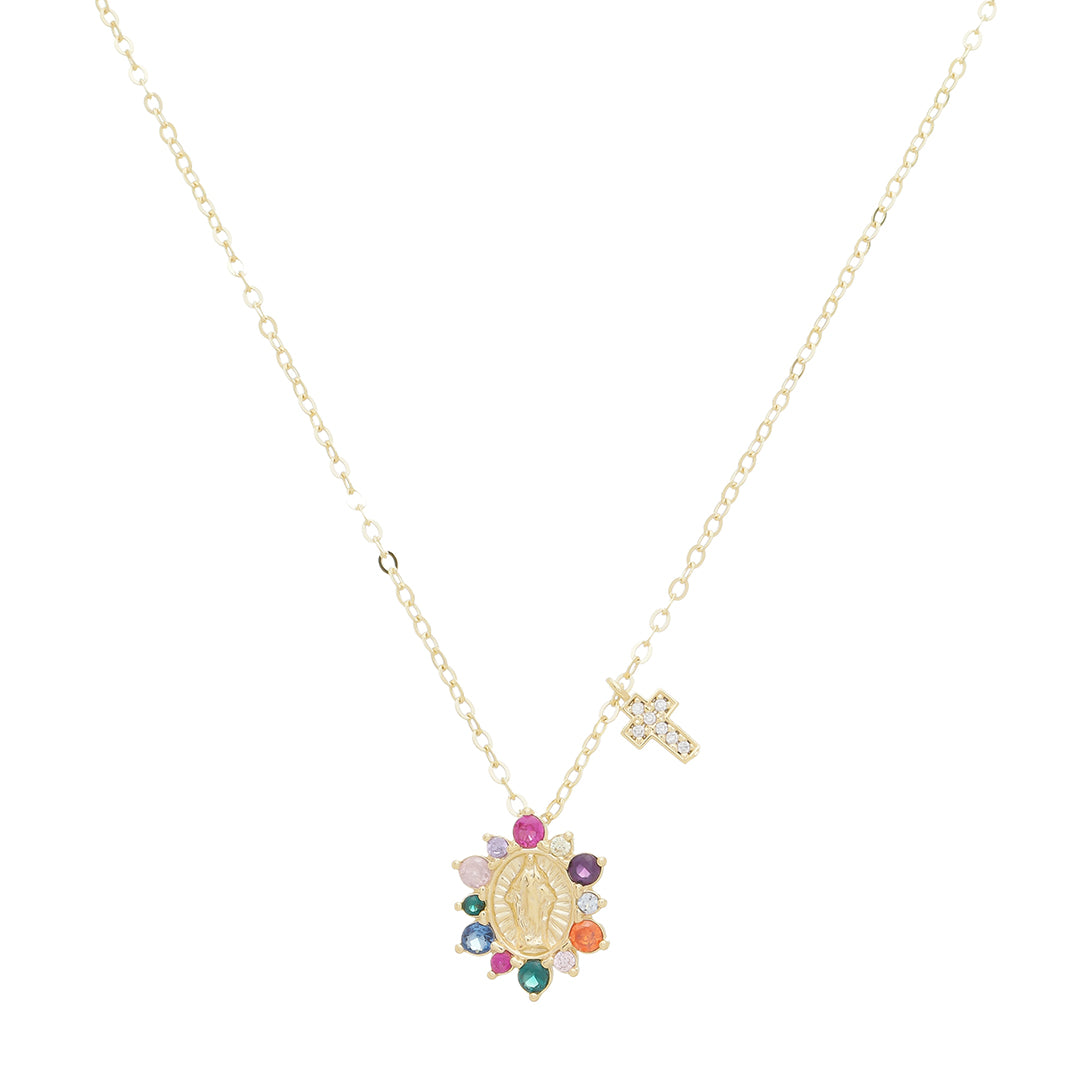 Colar Mini Medalha Nossa Senhora das Graçsa Cruz Zircônias Coloridas Folheado a Ouro 18k