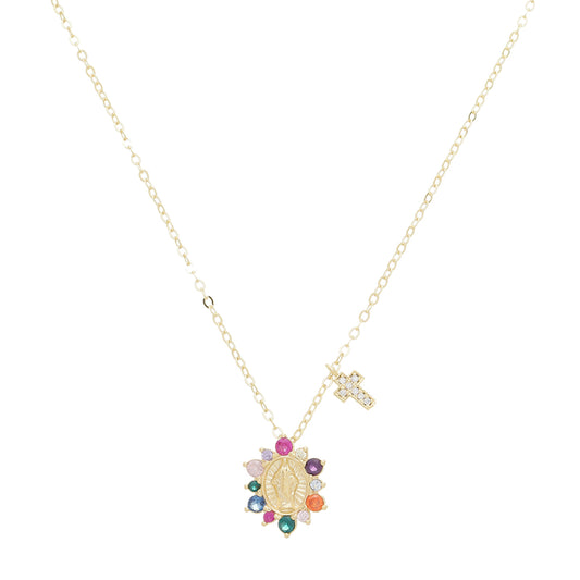 Colar Mini Medalha Nossa Senhora das Graçsa Cruz Zircônias Coloridas Folheado a Ouro 18k