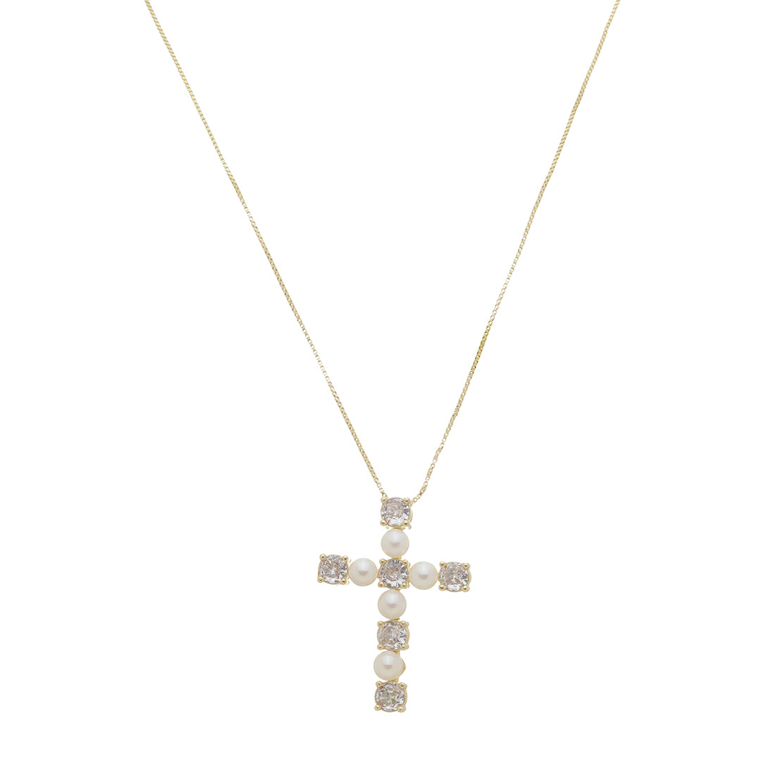 Colar Cruz Pérolas Zircônias Folheado a Ouro 18k