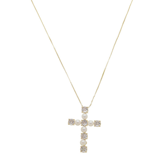 Colar Cruz Pérolas Zircônias Folheado a Ouro 18k
