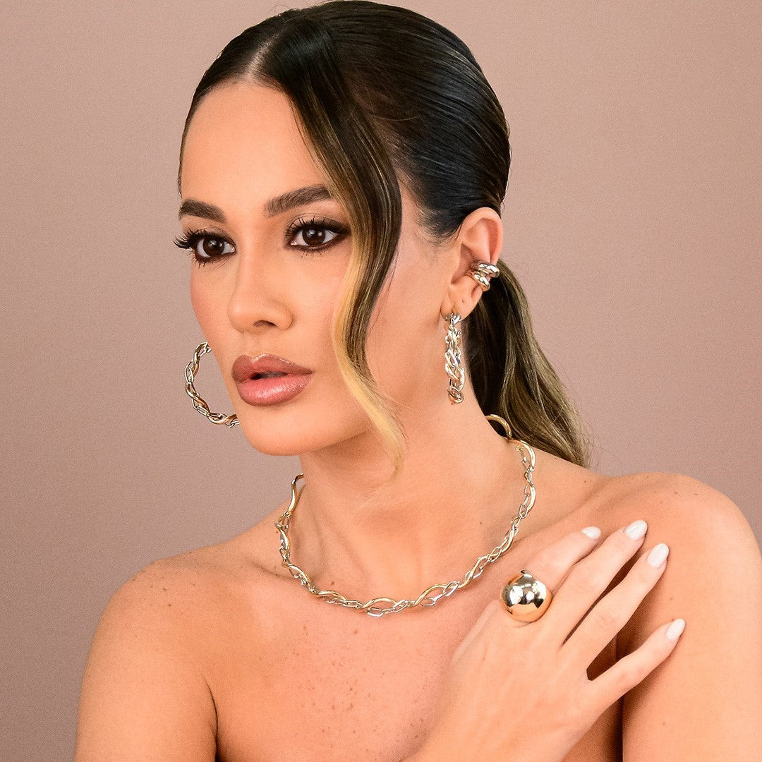 Brinco de Argola Torcido Elos Hanna Folheado a Ouro e Ródio Branco