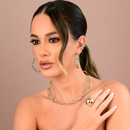 Brinco de Argola Torcido Elos Hanna Folheado a Ouro e Ródio Branco