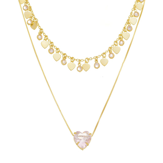 Mix de Colares Amor Hcc Coração Zircônias Folheado a Ouro 18k
