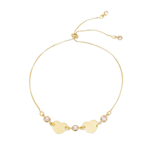 Pulseira Ajustável Hcc 2 Corações Metal Zircônias Folheada a Ouro 18k