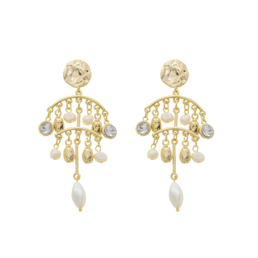 Brinco Bela Cascata Gota Ponto de Luz Chaton Pérolas de Água Doce Dourado