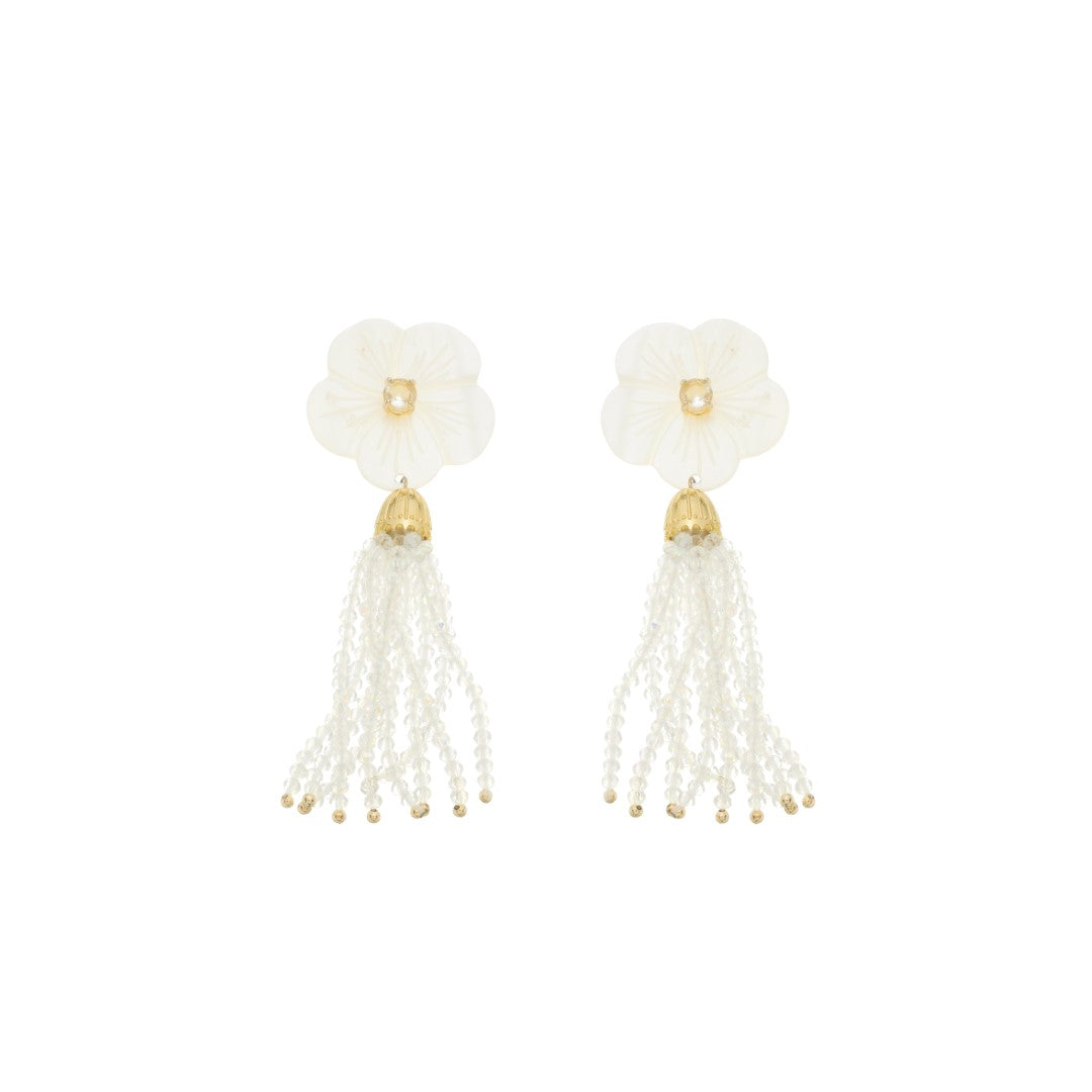 Brinco Jaque Flor Madrepérola Zircônia Cristais Opaline Folheado a Ouro 18k