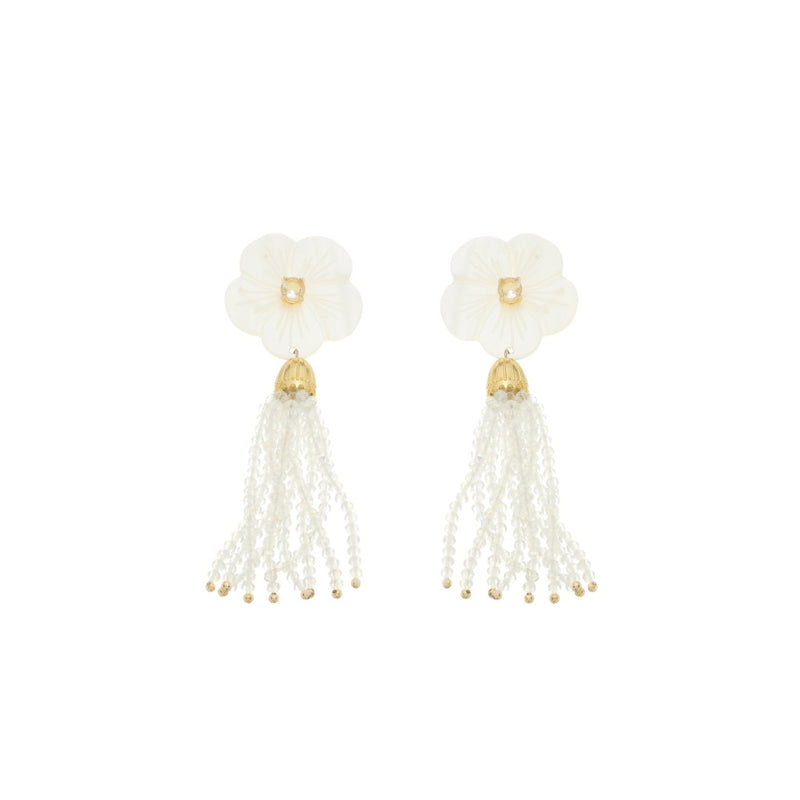 Brinco Jaque Flor Madrepérola Zircônia Cristais Opaline Folheado a Ouro 18k