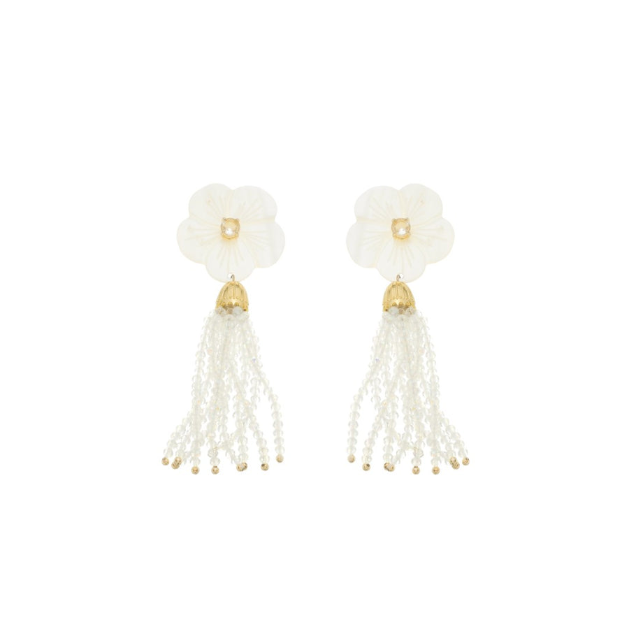Brinco Jaque Flor Madrepérola Zircônia Cristais Opaline Folheado a Ouro 18k