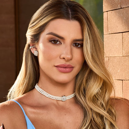 Choker Tripla Isabella Pérolas Zircônias Folheada em Ródio Branco