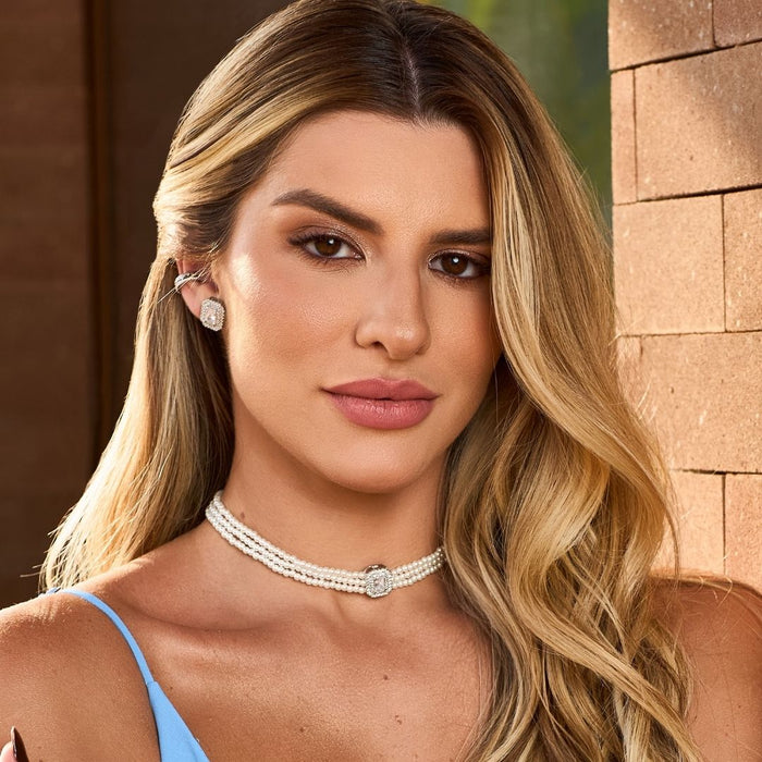 Choker Tripla Isabella Pérolas Zircônias Folheada em Ródio Branco