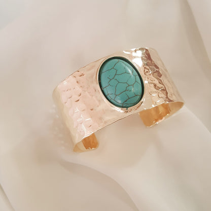 Bracelete Sabrina Largo Matelado Oval Howlita Turquesa Folheado a Ouro 18k