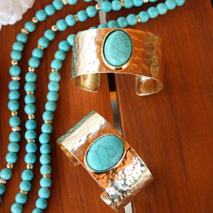 Bracelete Sabrina Largo Matelado Oval Howlita Turquesa Folheado a Ouro 18k