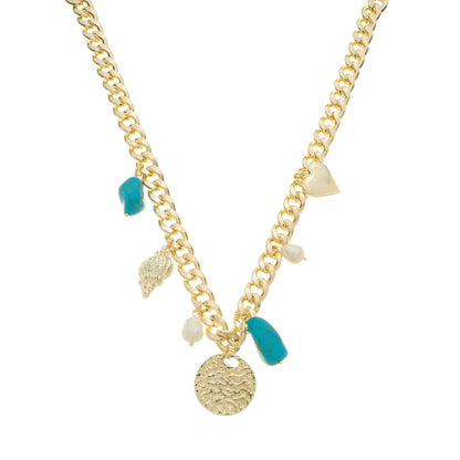 Colar Natalia Boho Elos Medalha Concha Pérola de Água Doce Howlita Turquesa Folheado a Ouro 18k
