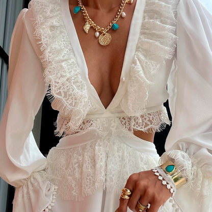 Colar Natalia Boho Elos Medalha Concha Pérola de Água Doce Howlita Turquesa Folheado a Ouro 18k