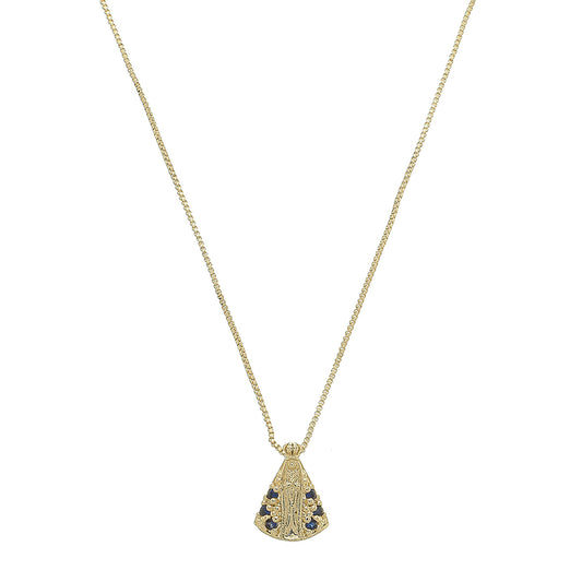 Colar Nossa Senhora Aparecida Mini Zircônias Safira Folheado a Ouro 18k