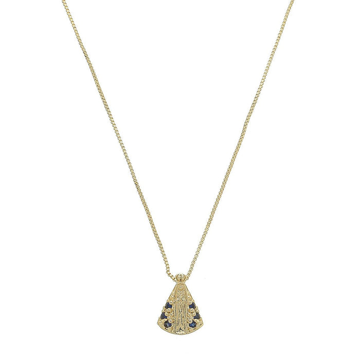 Colar Nossa Senhora Aparecida Mini Zircônias Safira Folheado a Ouro 18k