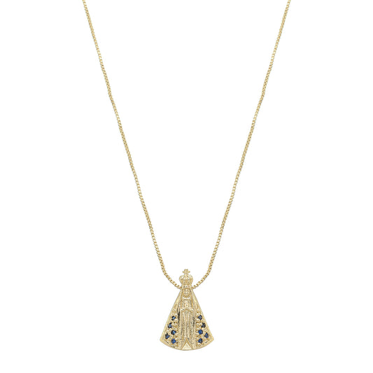 Colar Nossa Senhora Aparecida Pequena Zircônias Safira Folheado a Ouro 18k