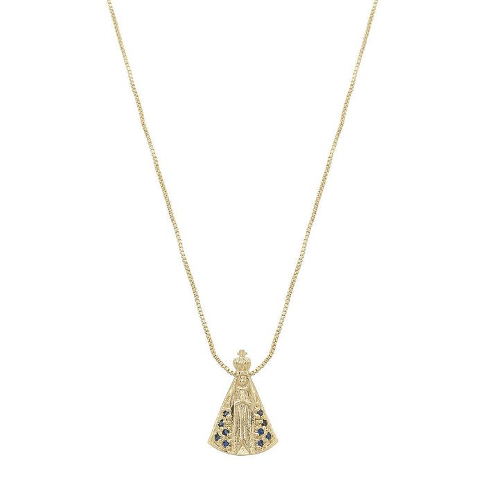 Colar Nossa Senhora Aparecida Pequena Zircônias Safira Folheado a Ouro 18k