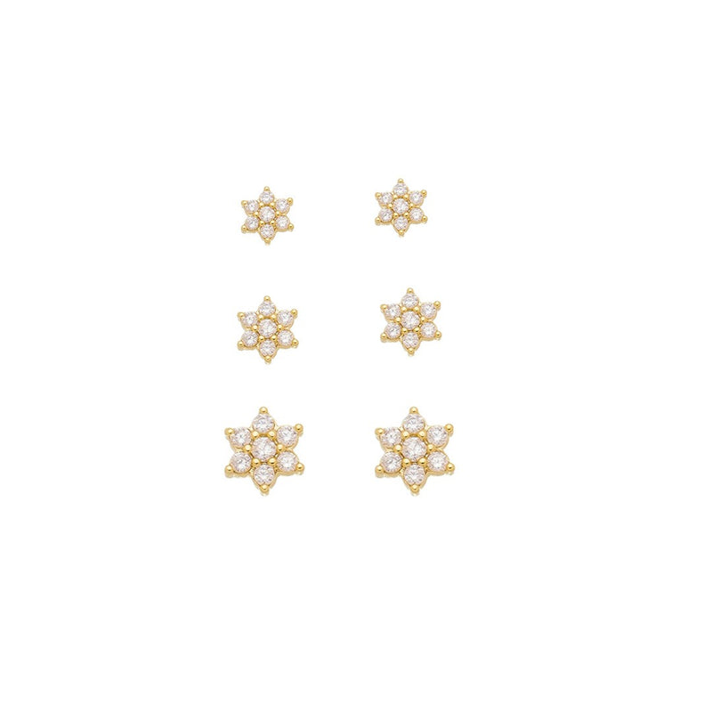 Trio de Brincos Luli Mini Flor Zircônias Folheado a Ouro 18k