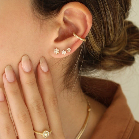 Trio de Brincos Luli Mini Flor Zircônias Folheado a Ouro 18k