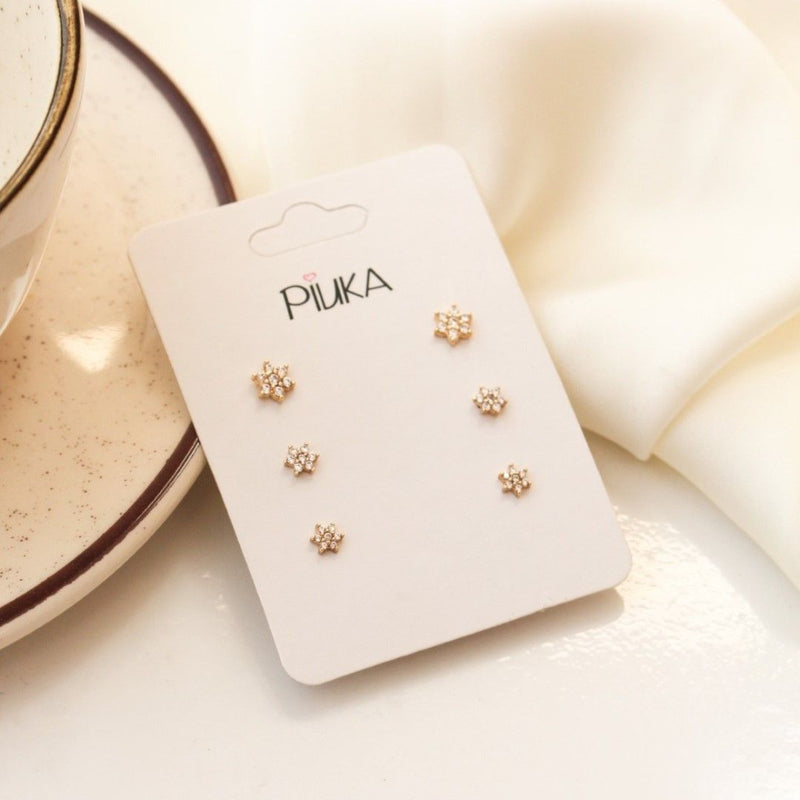 Trio de Brincos Luli Mini Flor Zircônias Folheado a Ouro 18k