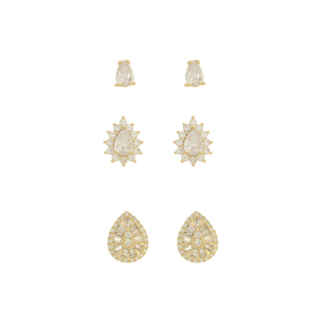 Trio de Brincos Luara Gotas Zircônias Folheado a Ouro 18k