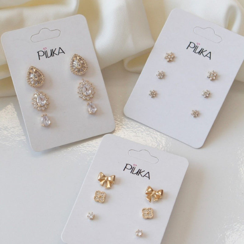 Trio de Brincos Luara Gotas Zircônias Folheado a Ouro 18k