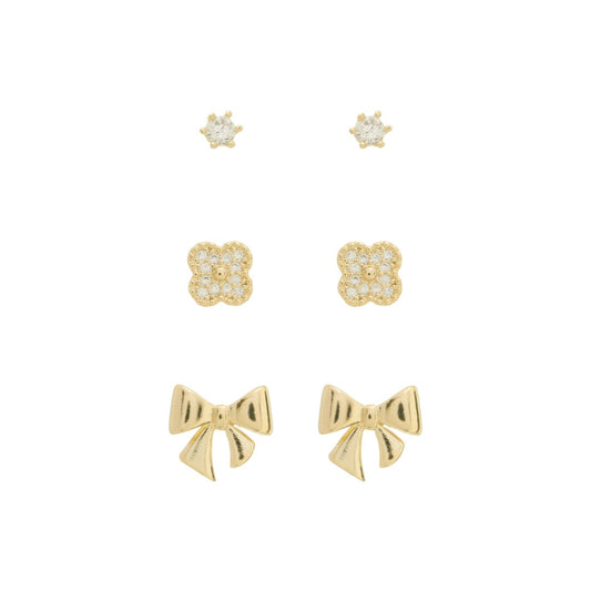 Trio de Brincos Jude Lacinho Ponto de Luz Zircônias Folheado a Ouro 18k