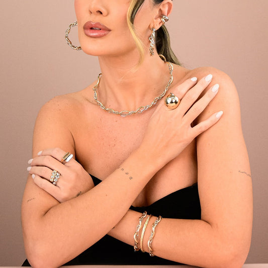 Anel Duplo  Ajustável Lia Folheado a Ouro 18k e Folheado em Rodio Branco