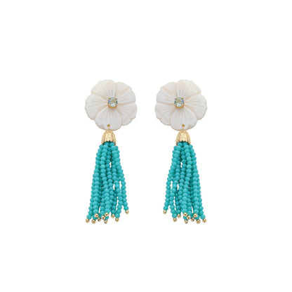 Brinco Jaque Flor Madrepérola Zircônia Cristais Turquesa Folheado a Ouro 18k