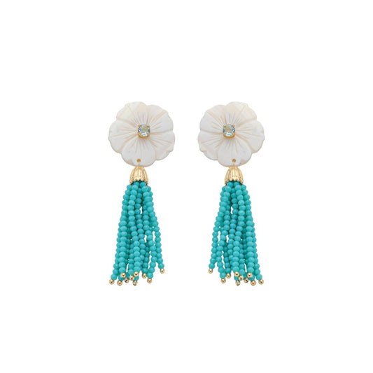 Brinco Jaque Flor Madrepérola Zircônia Cristais Turquesa Folheado a Ouro 18k