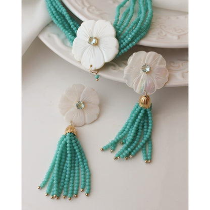 Brinco Jaque Flor Madrepérola Zircônia Cristais Turquesa Folheado a Ouro 18k